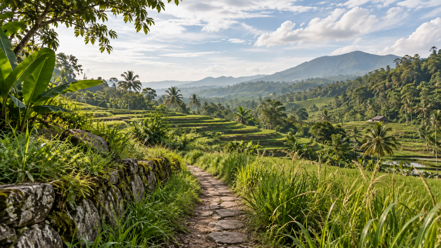 Green terraces and a stone path under a pale sky