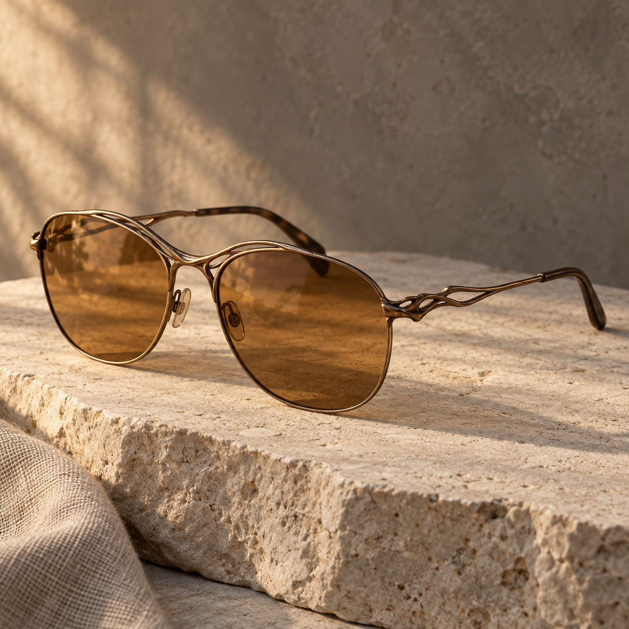 Concept sunglasses with amber lenses and branching bronze metalwork resting on limestone